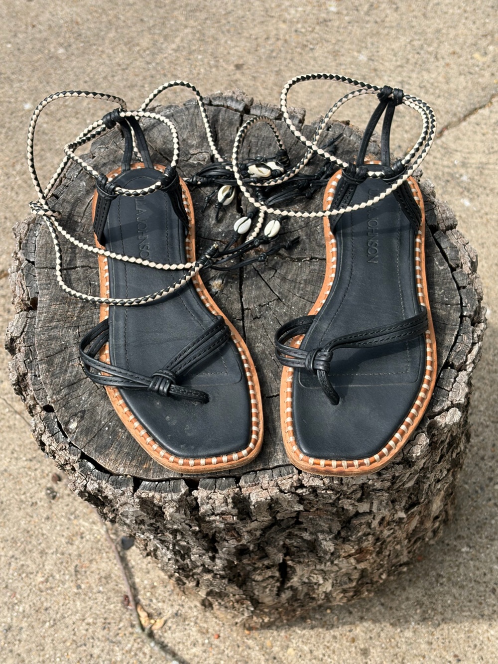 Ulla Johnson Black Leather Lace-Up Sandals with Shell Embellishments